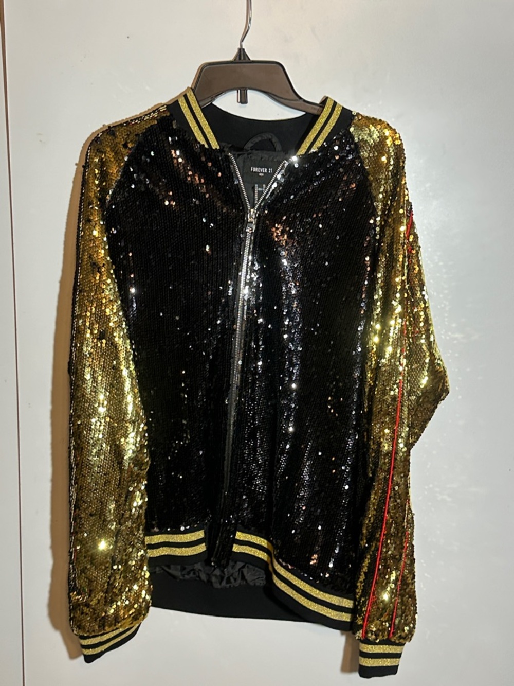 Forever 21 Black and Gold Sequin Zip Bomber Jacket